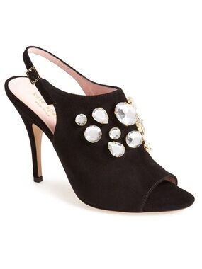 Kate Spade Size 9 Farrow Black Suede Slingback Peep toe Jeweled  dress Heels